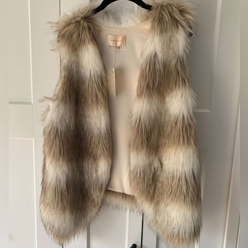 SKIES are BLUE Brown Cream White Faux Fur Vest Coat Medium Emo Glam Boho Chic